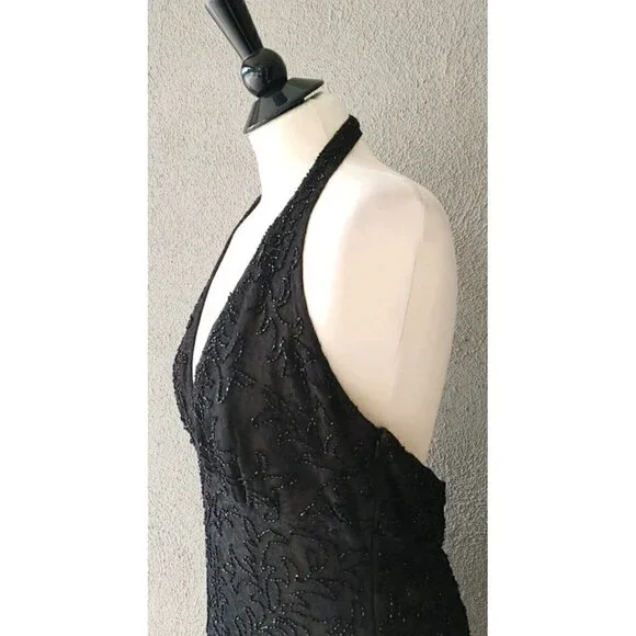 Carmen Marc Valvo Signature Halter Lace Beaded Silk Black Evening Dress Size 12 - Picture 3 of 7